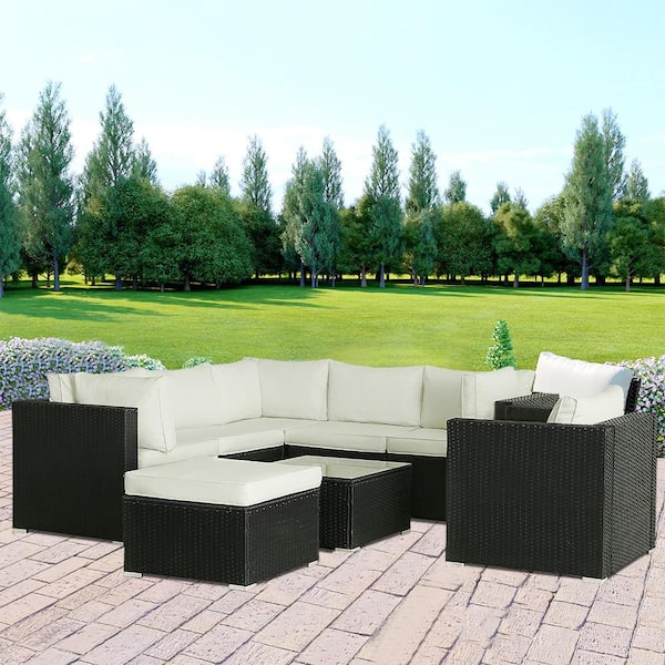 Unbranded 8-Piece Black Wicker Outdoor Sectional Set, Rattan Outdoor Patio Set with White Cushions, Ottoman and Tea Table