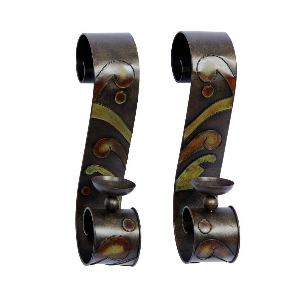 Bronze and Green Metal Abstract Wall Candle Holder Set