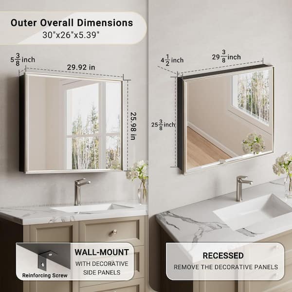 Musey 30 in W x 26 in H Brush Nickel Rectangular Aluminum Medicine Cabinet with Beveled Mirror, Recessed or Surface