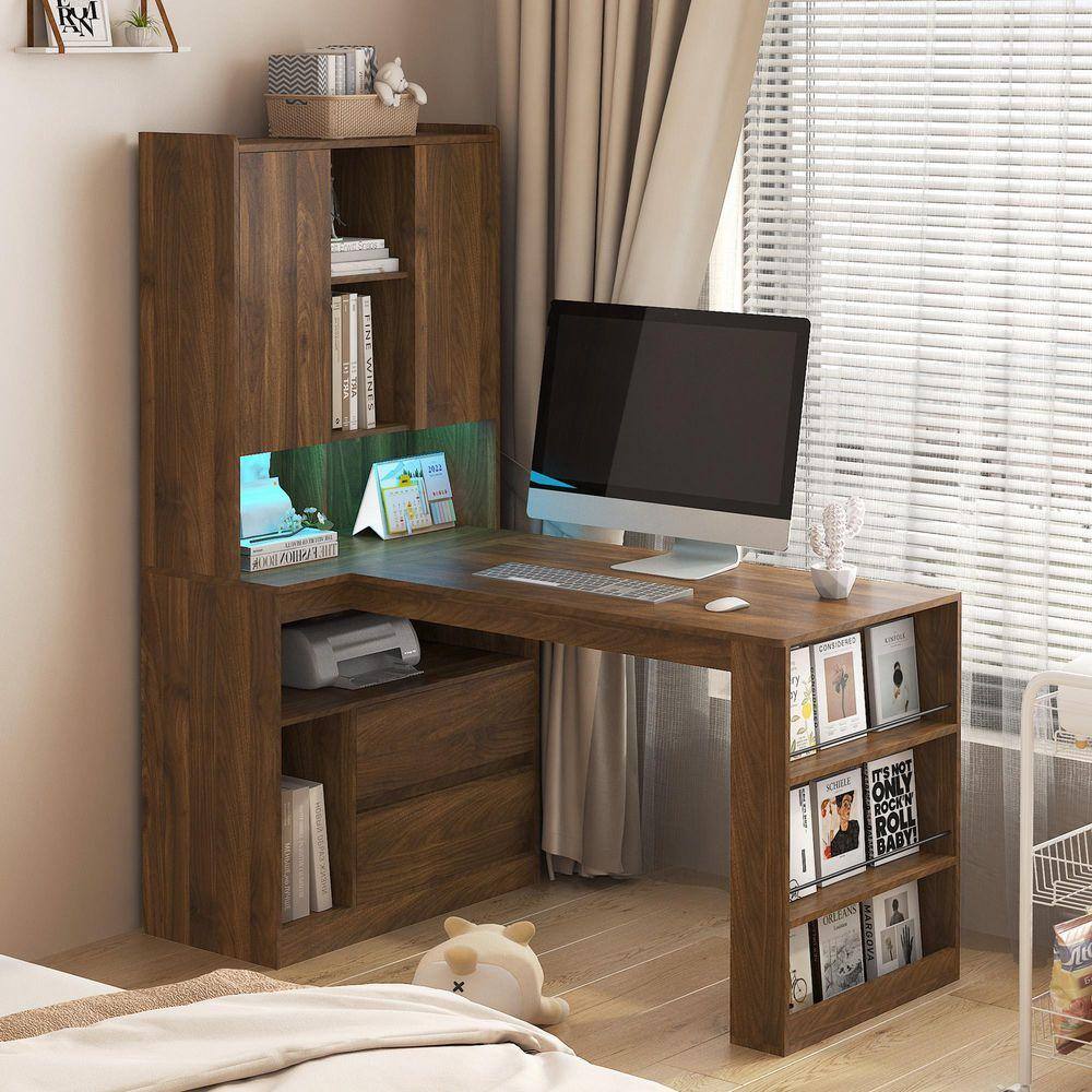55.6 in. L Shaped Brown Wood Computer Desk with Charging Station 2