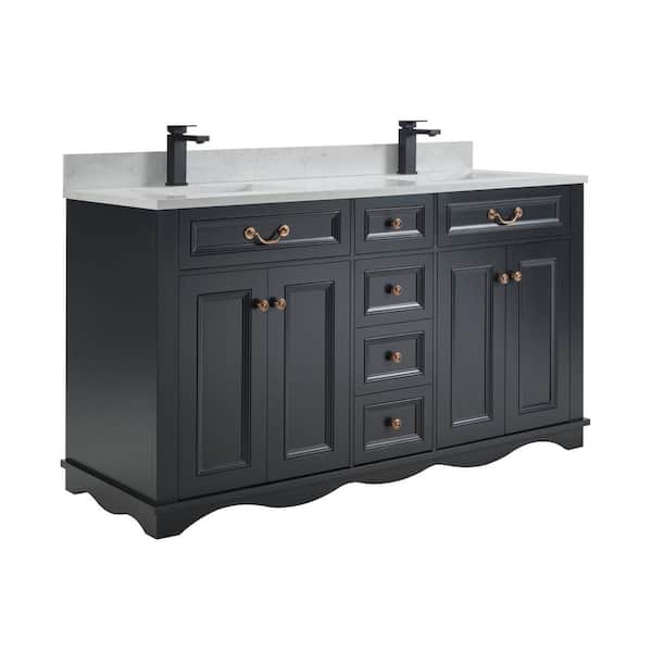 WS2514-60-TB 60 in. Double Sink Sink Vanity Tricorn Black Bath Vanity with White 1 in Artificial Stone Top