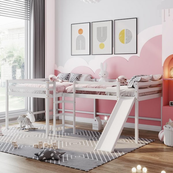 GOJANE White Full Size Wooden L-Shaped Loft Bed With Built-in Ladders ...