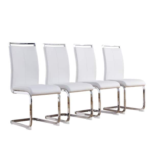 Unbranded White Modern Dining Chairs PU Faux Leather High Back Upholstered Side Chair with C-shaped Tube Chrome Metal Legs