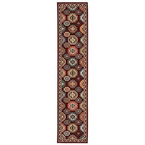 Lillian Red/Multi-Colored 2 ft. x 12 ft. Traditional Oriental Geometric Wool/Nylon Blend Fringed Indoor Runner Area Rug