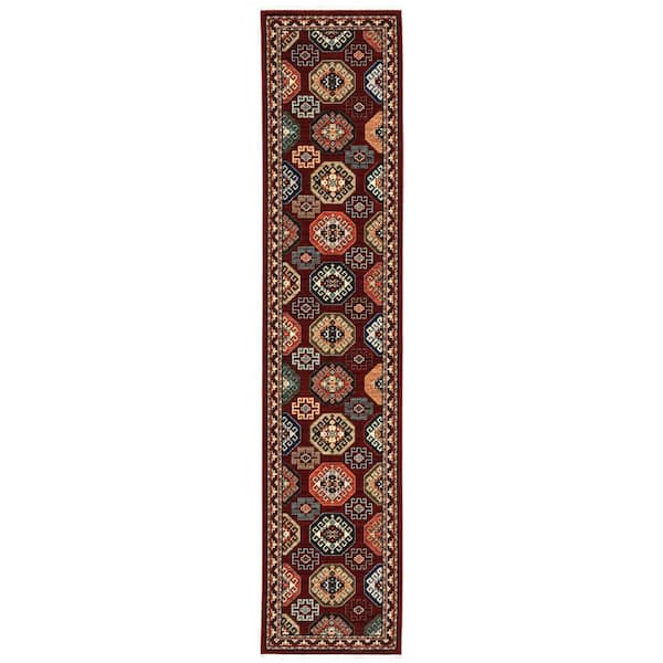 AVERLEY HOME Lillian Red/Multi-Colored 2 ft. x 12 ft. Traditional Oriental Geometric Wool/Nylon Blend Fringed Indoor Runner Area Rug
