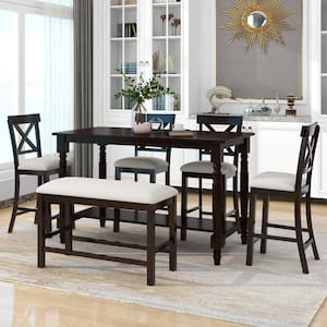 6-Piece Espresso Wood Counter Height Dining Table Set with Shelf, 4-Chairs and Bench