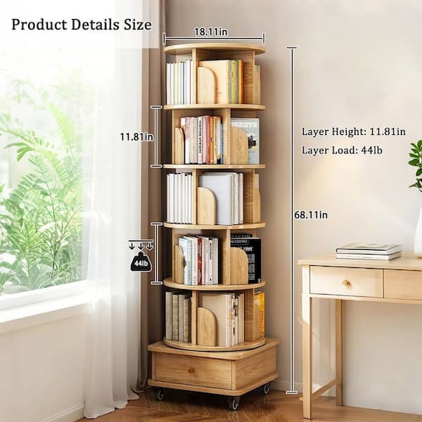 Rotating Bookshelf, Small Corner Bookshelf For Small Space, 360° Display 4 Tier Floor Standing Bookcase Storage Rack, Wood Narrow Round Bookshelf Organizer For Bedroom, Living Room, Natural Blue - View #3