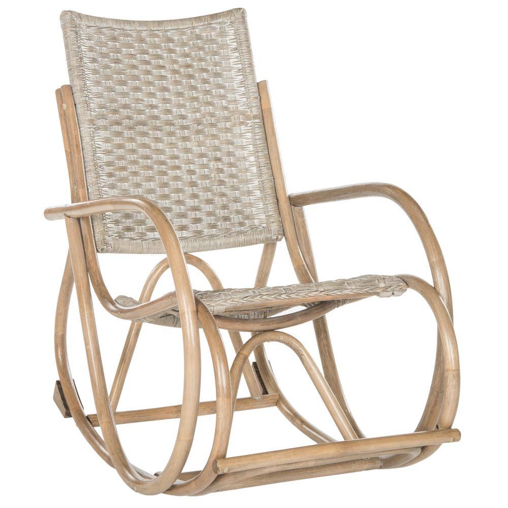 Antique Gray Rattan and Hardwood Rocking Arm Chair