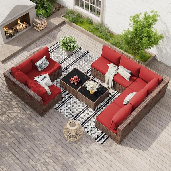 8-Person Wicker Patio Sectional Conversation Sets With 2 Coffee Table and Burgundy Cushions