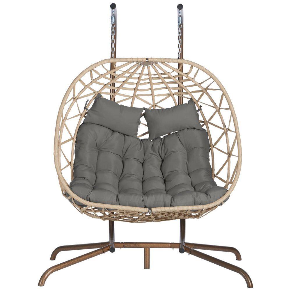 50.78 in. W 2-Persons Brown Iron and Wicker Patio Swing Egg Chair with Stand Hanging with Dark Grey Cushion price history on PriceWatchPro