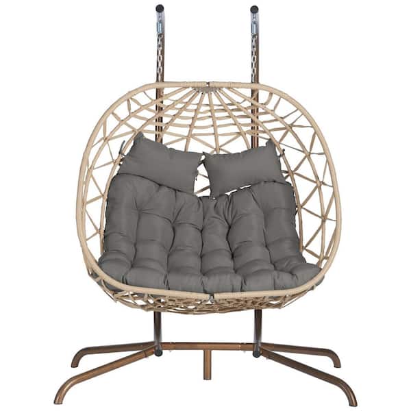 cenadinz 50.78 in. W 2-Persons Brown Iron and Wicker Patio Swing Egg Chair with Stand Hanging with Dark Grey Cushion