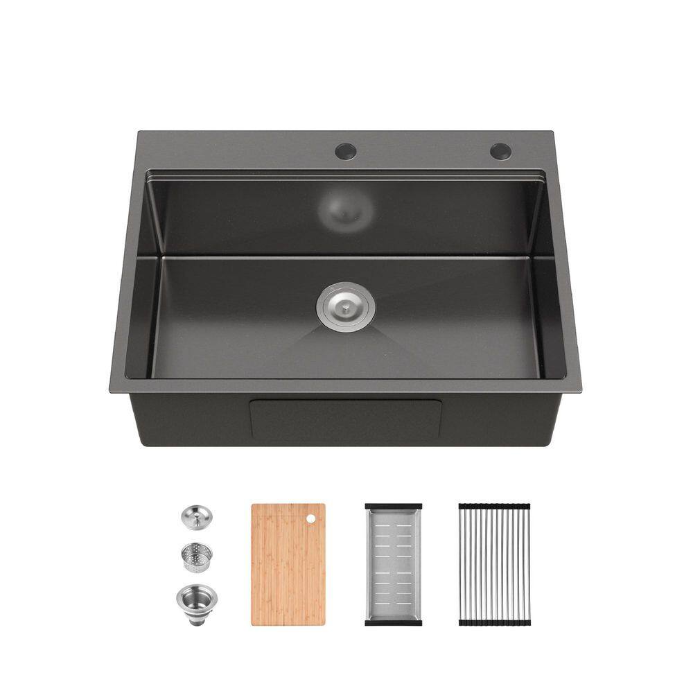 30 in. Drop-In Single Bowl Stainless Steel Workstation Modern Overmount Kitchen Sink with Basket Strainer in Matte Black price history on PriceWatchPro