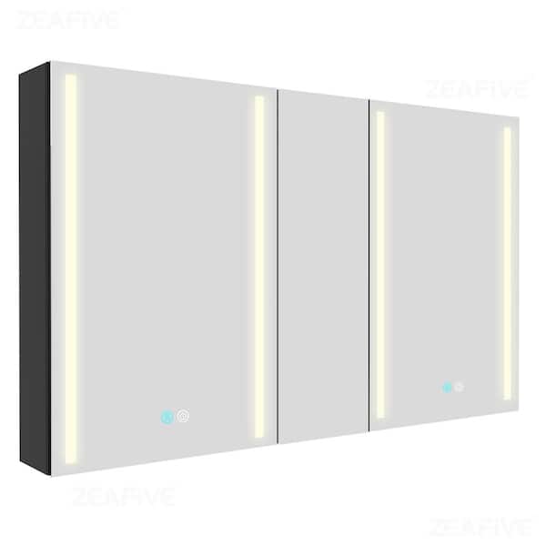 50 in. W x 30 in. H Rectangular Aluminum Medicine Cabinet with Mirror and Lights Defogger Black Surface Mount Bathroom