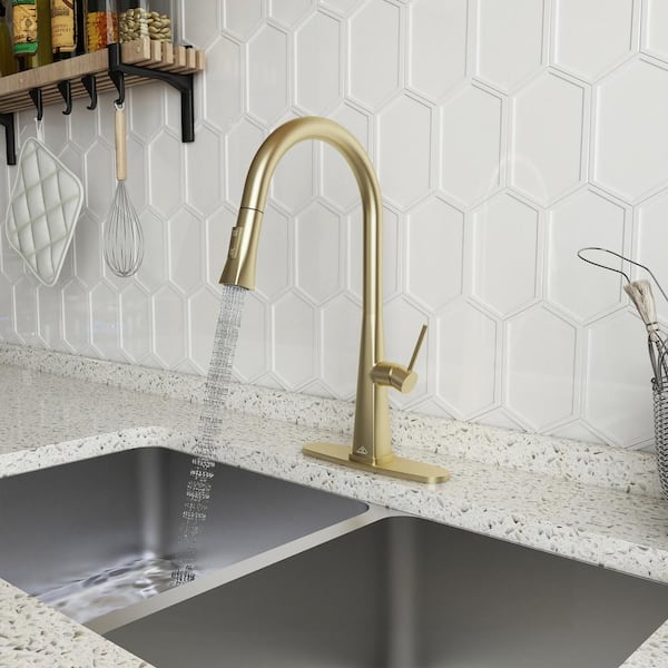 Kitchen Sink Faucet Pull Out Sprayer Mixer Tap Kitchen Faucet with Deckplate in Brushed Gold