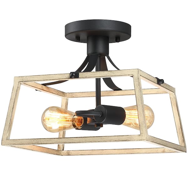 TRUE FINE Gavin 12.6 in. 2-Light Black and Wood Farmhouse Open Cage Semi-Flush Mount Ceiling Light