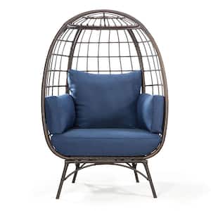 Outdoor Brown Wicker Patio Swing Egg Chair with Blue Cushions