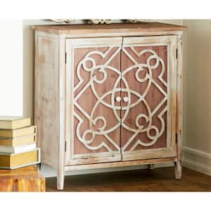 Light Brown Wood 1 Shelf and 2 Door Geometric Cabinet with Carved Relief Overlay