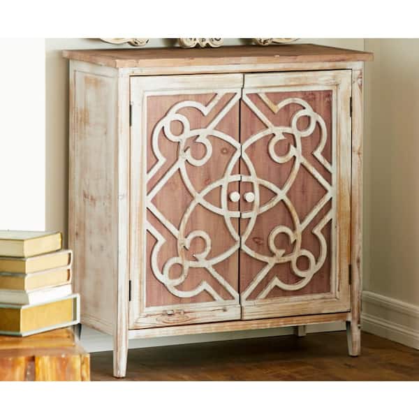 Litton Lane Light Brown Wood 1 Shelf and 2 Door Geometric Cabinet with Carved Relief Overlay