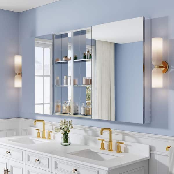 72 in. W x 36 in. H Rectangular Polished Aluminum Tri-view Soft Close Medicine Cabinet with Mirror Combo Set, Reversible