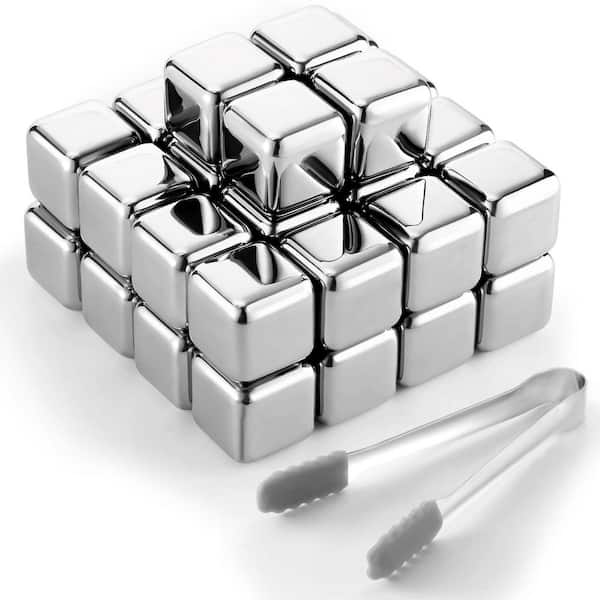 36Pcs 1.06 in. x 1.06 in. Silver Reusable Stainless Steel Ice Cubes with Tongs, Safe and Reliable, Easy to Clean and Use
