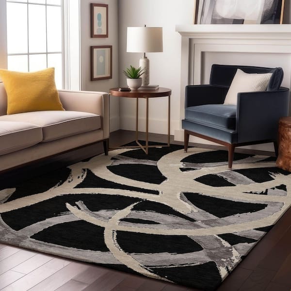 Mayfield Premium Machine Washable Abstract AMF1022 Black 5 ft. x 7 ft. 6 in. Area Rug