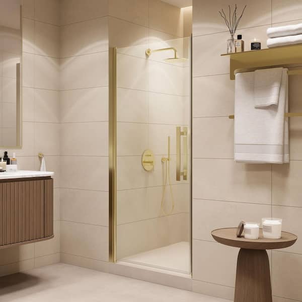 Pasadena 33.03 in. Max Width x 72.01 in. H Pivot Alcove Frameless Shower Door in Brushed Gold