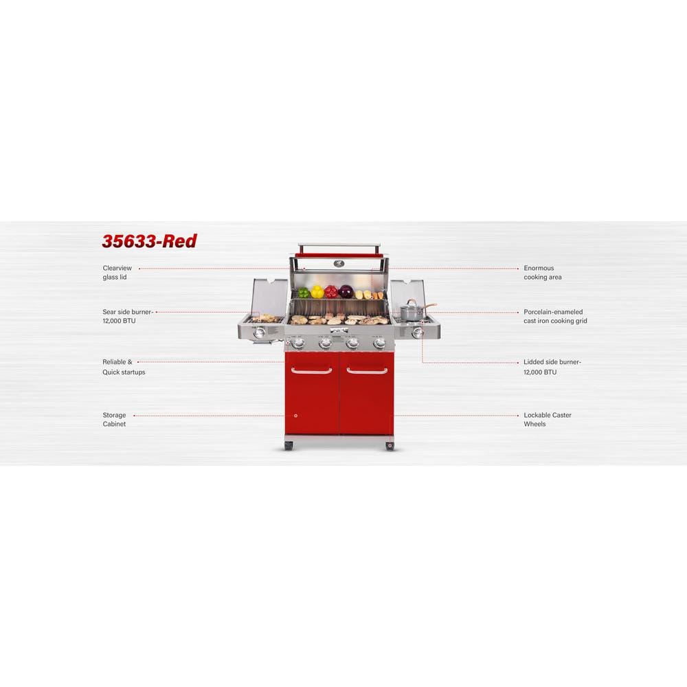 Red Stainless Steel 4-Burner Propane Gas Grill with Side Burner