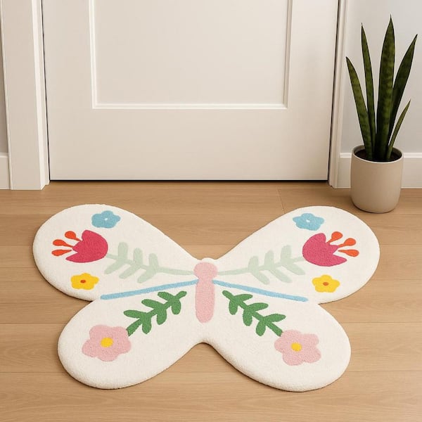 3 ft. x 4 ft. Pink And White Butterfly Youthful Hand Knotted Washable Area Rug