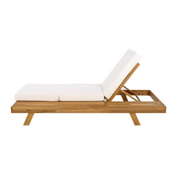 Vista Patio 2/3 Foldable Solid Wood Outdoor Chaise Lounge with Cream 3-Fold Cushion, Adjustable Backrest, Teak Finish