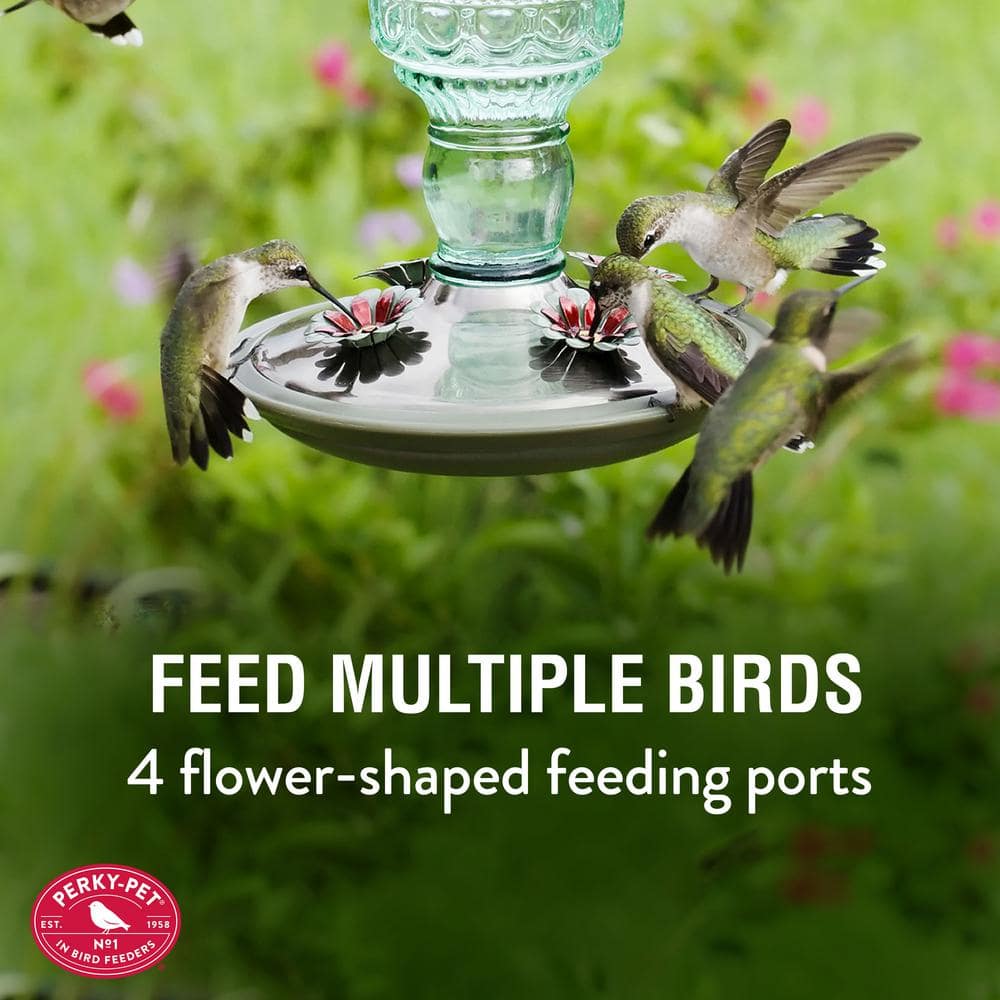 Green Antique Glass Hanging Hummingbird Feeder with Metal Accents