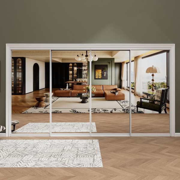 120 in. x 80 in. 1-Lite White Mirrored Glass and Aluminum Frame Finished Closet Sliding Door with Hardware Kit