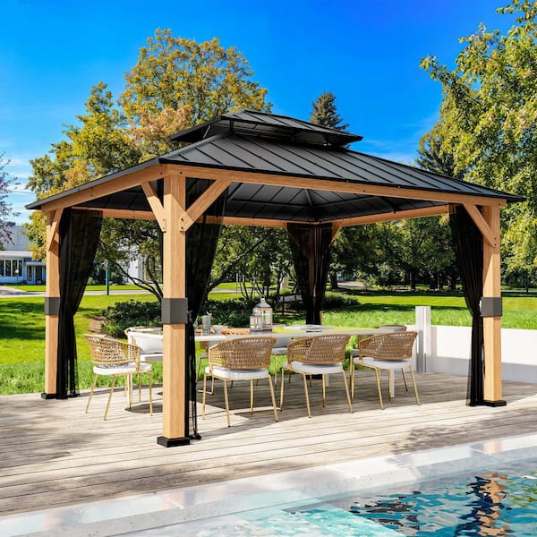 13 ft. x 11 ft. Outdoor Spruce Wood Hardtop Gazebo with Double Galvanized Steel Roof and Mosquito Netting