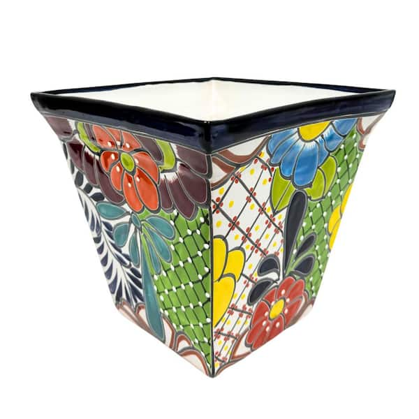 Unbranded 10.5 in. W x 10 in. H 10 qt. Talavera Medium Square Conical Ceramic Indoor Planter
