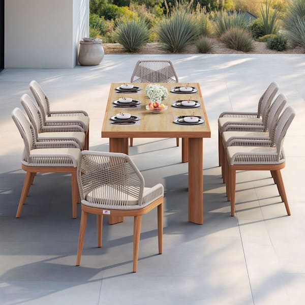 9-Piece Aluminum Outdoor Dining Set Teak Patio Furniture Set Wicker Table and Chairs with Cushions