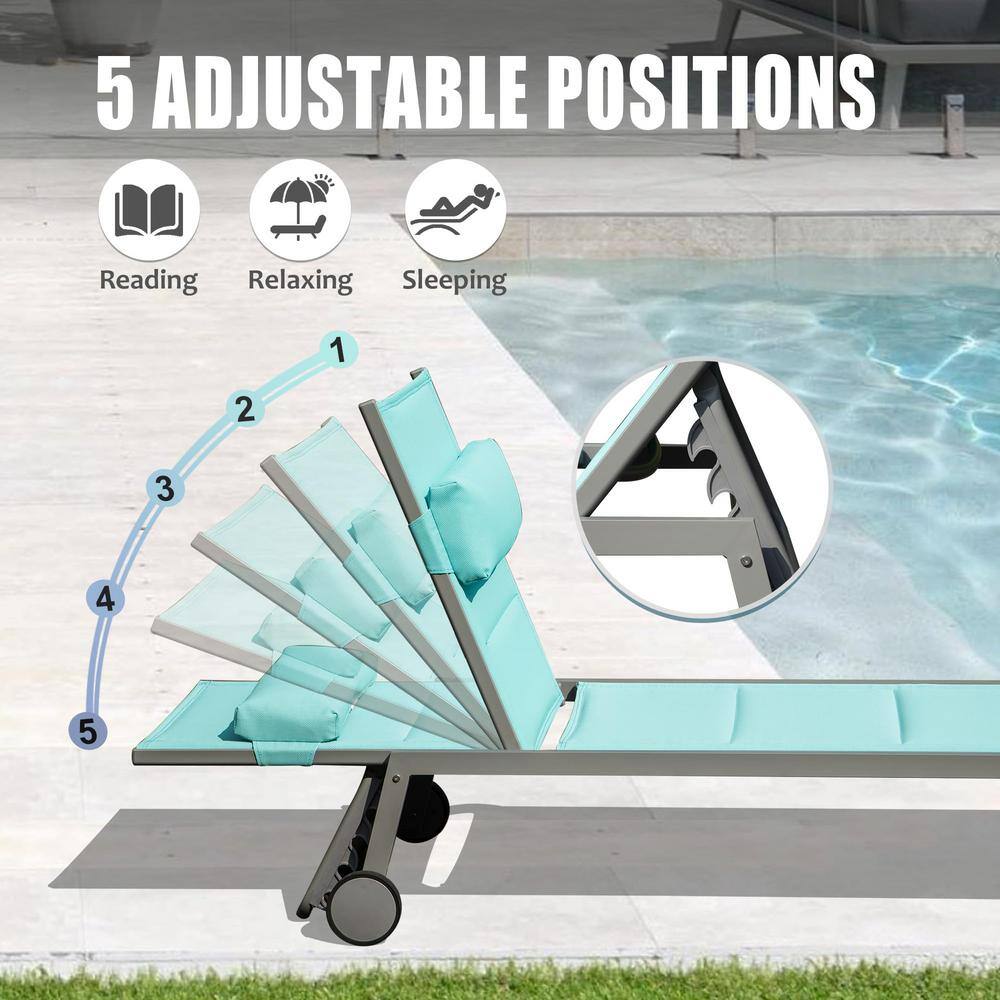 Lake Blue Aluminum Armless Chaise Lounge Set with Wheels