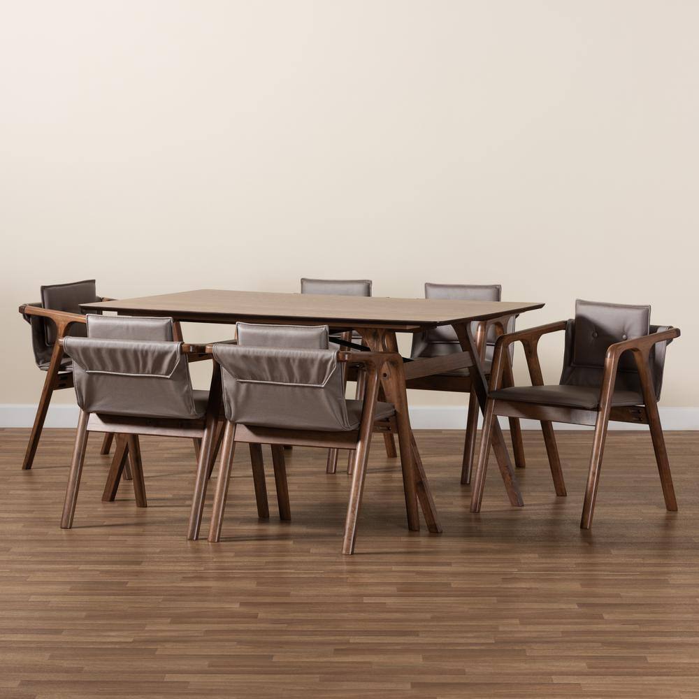 Marcena Walnut Brown 7-Piece Dining Set with Grey Button-Tufted Chairs