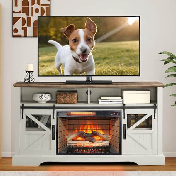 59 in. Freestanding Electric Fireplace TV Stand with 27 in. Fireplace Insert in White, Tempered Glass Front, Remote