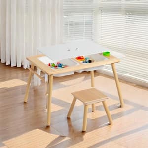 2-Piece Rectangle Wood Top Oak Kids Table and Chairs Set with Storage and Removable Tabletop