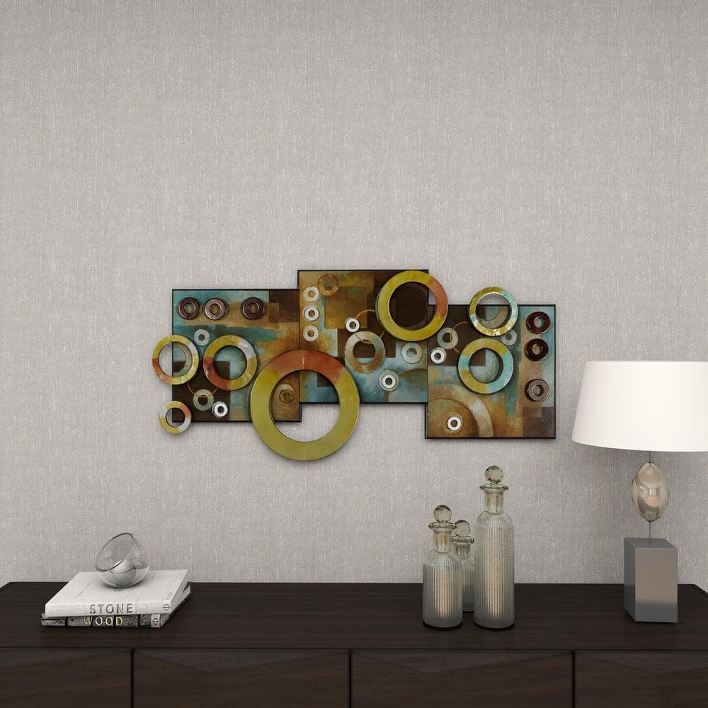 36" Multi-Colored Wood and Iron Geometric Wall Art