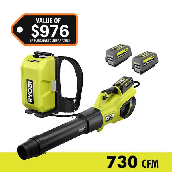 RYOBI 40V HP Brushless Whisper Series 190 MPH 730 CFM Leaf Blower and Backpack Battery w/ (2) 6.0 Ah Batteries & Charger