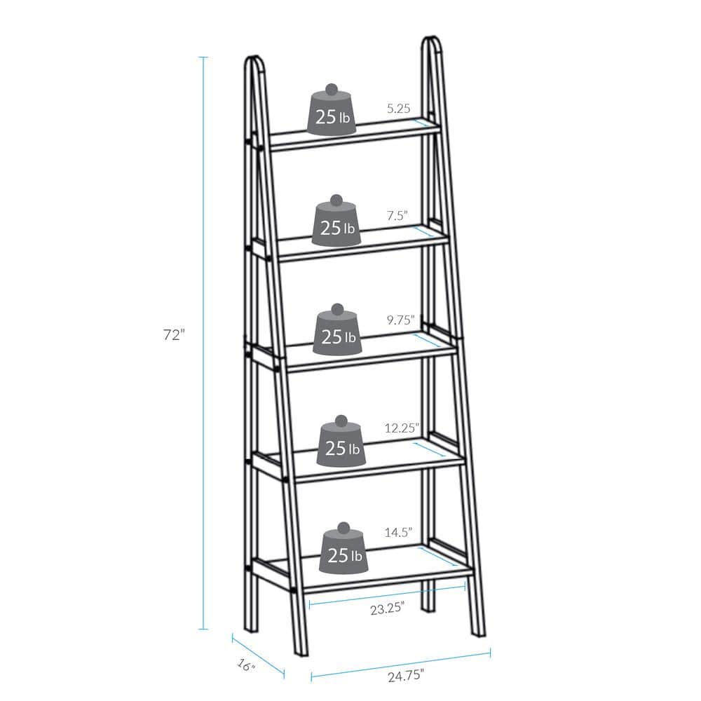 Cascading White Solid Wood 5-Shelf Ladder Bookcase