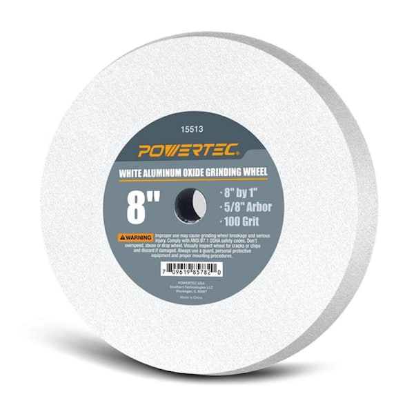 ‎POWERTEC 8 in. x 1 in. 100-Grit 5/8 in. Arbor White Aluminum Oxide Grinding Wheel for Bench Grinder
