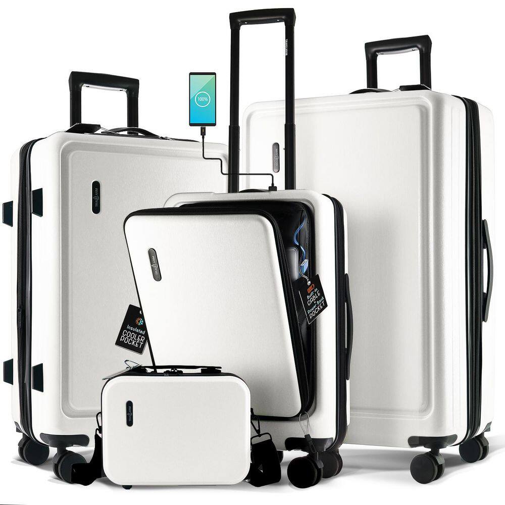 4-Piece White Nested Hard Luggage Set Expandable Spinner Suitcase Carry-On Weekender Exterior USB port TSA Compliant