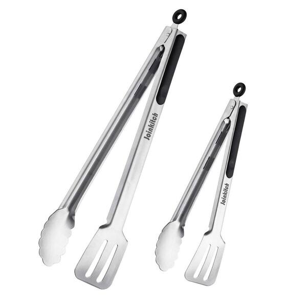 2-Pack Premium Silver 16 in. and 12 in. Stainless Steel BBQ Grilling Tongs Set for Outdoor Cooking, Barbecue and Camping