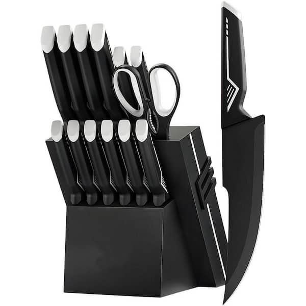 15-Piece Stainless Steel Kitchen Knife Set with Knife Block and Built-In Knife Sharpener for Men Women, White