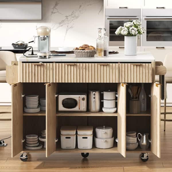 Natural Fluted Faux Marble Top Large 55.5 in. W Kitchen Island