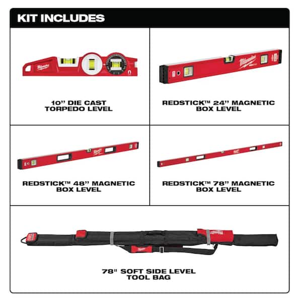 10 in./24 in./48 in./78 in. REDSTICK Magnetic Box Beam and Torpedo Level Set with Green 100 ft. Laser Level Set