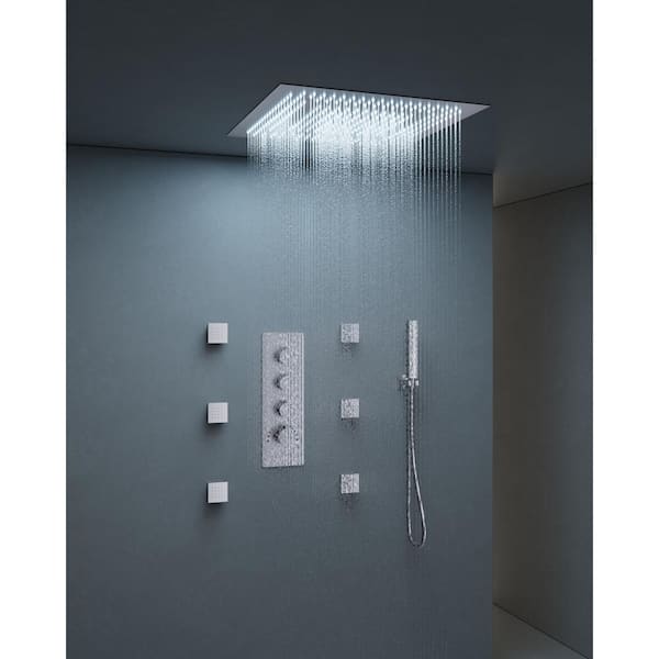 Thermostatic 7-Spray 20 in. Ceiling Mount Squre LED Mood Lighting Shower System in Brushed Nickel(Valve Included)