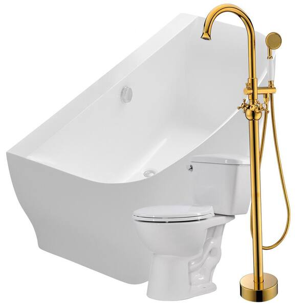 ANZZI Bank 64.9 in. Acrylic Flatbottom Non-Whirlpool Bathtub with Bridal Faucet and Author 1.28 GPF Toilet