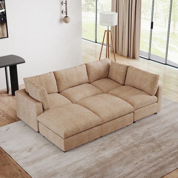 Magic Home 100 in. Square Arm 6-Piece Chenille L-Shaped Sectional Sofa Rearrangeable Solid Wood Cloud Couch in. Khaki with Ottomans